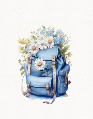 watercolor drawing of a backpack, hand bag, with flowers, go to school supplies clipart