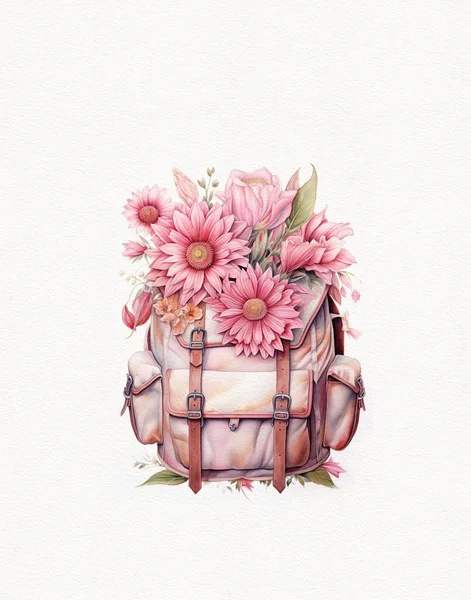 Aquarell Zeichnung Eines Rucksacks Handtasche Mit Blumen Gehen Sie Zur — Stockfoto