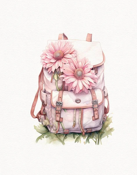バックパックとハンドバッグと花で水彩画を描き学校用品に行き — ストック写真