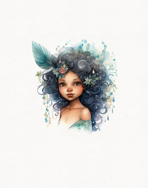 Acuarela Dibujo Impresionante Hermosa Princesa Sirena Piel Oscura Niña Sirena — Foto de Stock