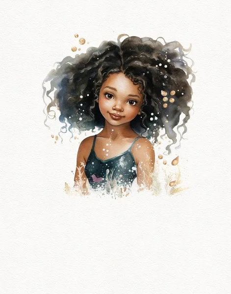 Ακουαρέλα Σχέδιο Του Εκπληκτική Όμορφο Σκούρο Δέρμα Κορίτσι Γοργόνα Πριγκίπισσα — Φωτογραφία Αρχείου