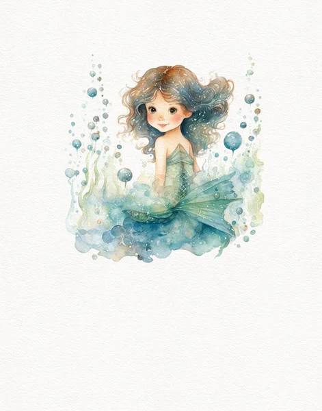 Acuarela Dibujo Impresionante Hermosa Sirena Princesa Chica Sirena Vida Bajo —  Fotos de Stock