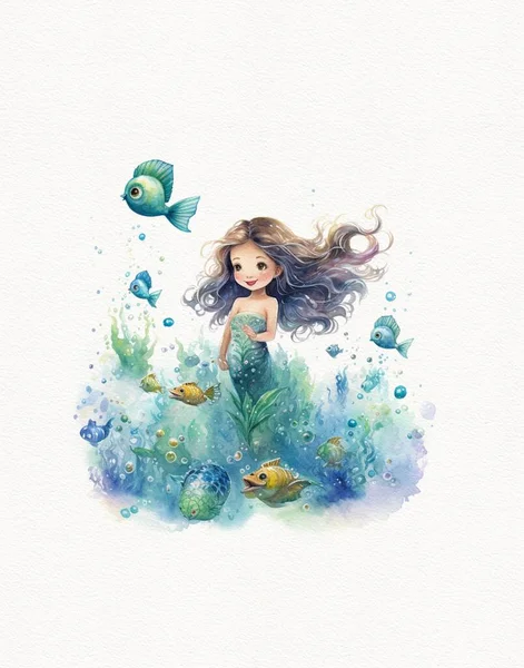 Aquarell Zeichnung Von Atemberaubenden Schönen Dunkelhäutigen Mädchen Meerjungfrau Prinzessin Meerjungfrau — Stockfoto