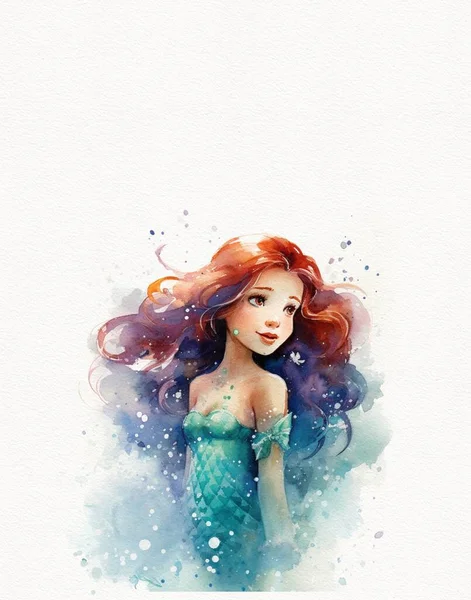 Watercolor Drawing Stunning Beautiful Dark Skinned Girl Mermaid Princess Mermaid — Stock Photo, Image