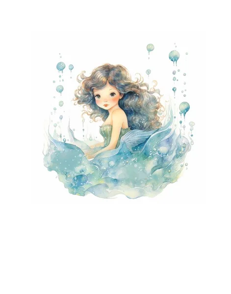 Aquarela Desenho Deslumbrante Bonito Escuro Pele Menina Sereia Princesa Sereia — Fotografia de Stock