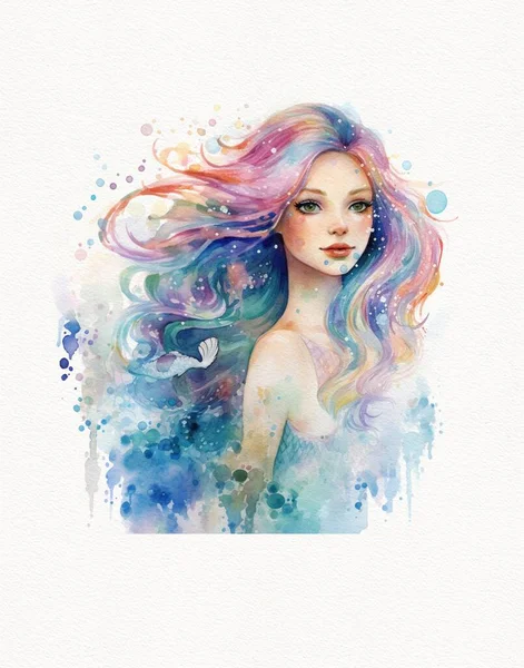 水彩画美丽的深肤色少女美人鱼公主 美人鱼水下生活白色背景 — 图库照片