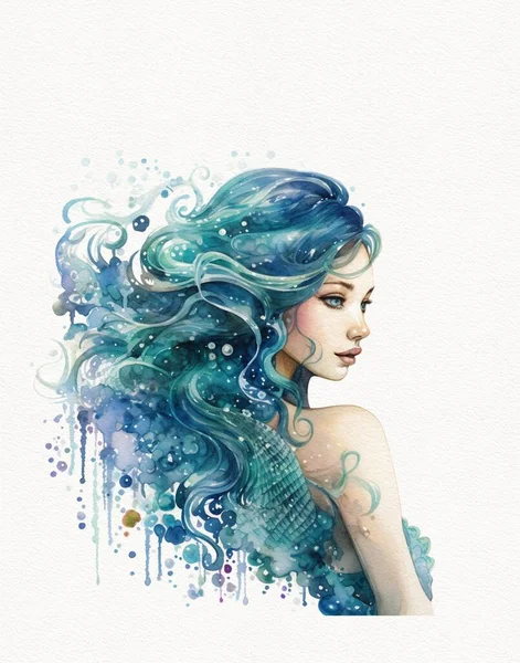 Acuarela Dibujo Impresionante Hermosa Princesa Sirena Piel Oscura Niña Sirena —  Fotos de Stock
