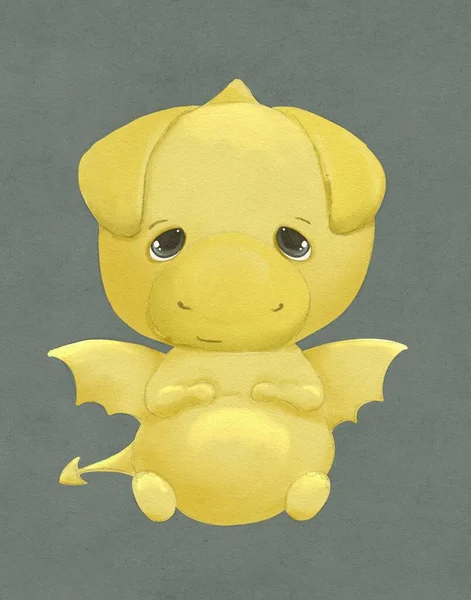 Cute Baby Dinozaur Żółtym Kolorze Ciemnym Tle Smutny Smok — Zdjęcie stockowe