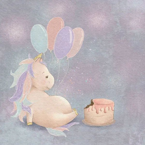 Fairytale magical unicorns birthday with cake, postcard with unicorn