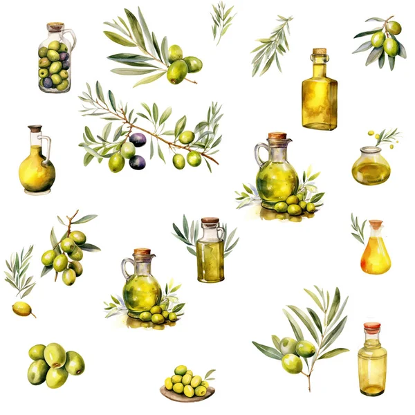 stock image Set of olive products, olive oil and olive branches on a white background