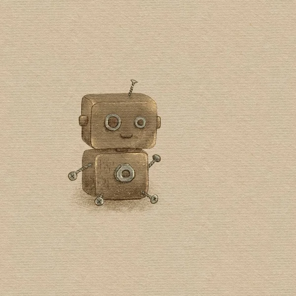 在米色背景的纹理纸上绘制一个可爱的老式生锈磨损机器人 机器人玩具 — 图库照片