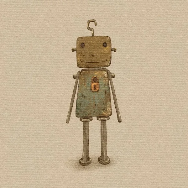 Desenho Robô Rusty Vintage Bonito Papel Texturizado Fundo Bege Brinquedo — Fotografia de Stock