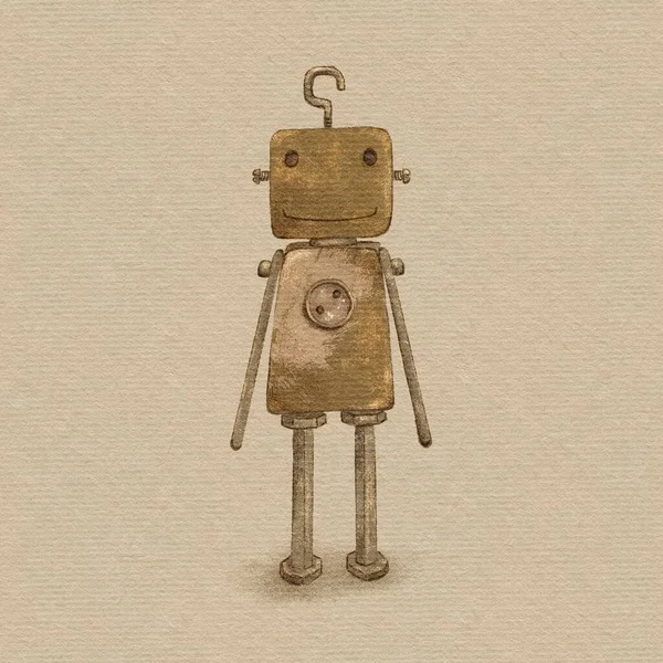 Drawing Cute Vintage Rusty Scuffed Robot Textured Paper Beige Background — Stock Photo, Image