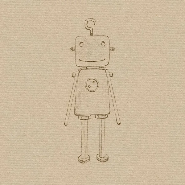 Drawing of a cute vintage rusty scuffed robot on textured paper on a beige background, robot toy