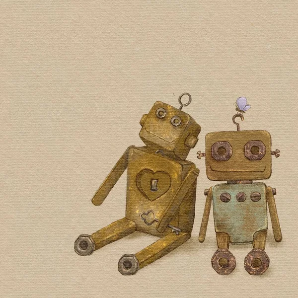 Rysowanie Uroczego Rocznika Zardzewiałego Robota Papierze Teksturowanym Beżowym Tle Zabawka — Zdjęcie stockowe