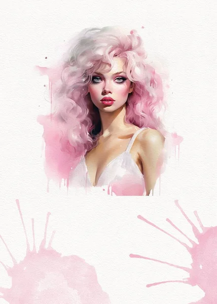 Портрет Модели Пухлыми Волосами Акварелью Розовым Рисунком Куклы Белым Фоном — стоковое фото