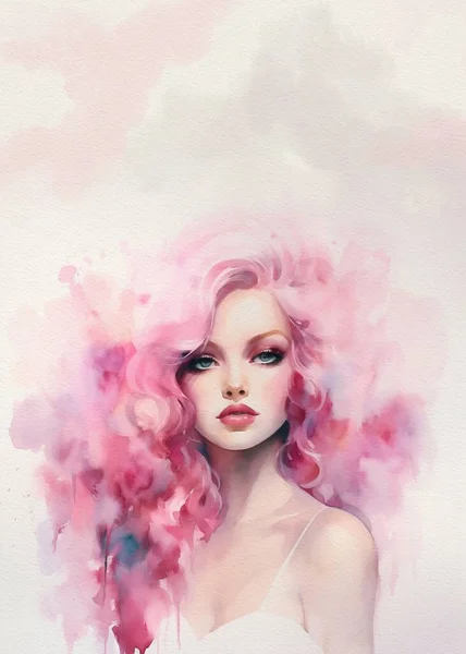 Retrato Modelo Moda Com Cabelo Inchado Aquarela Desenho Boneca Rosa — Fotografia de Stock