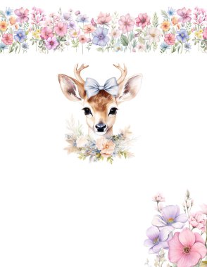 Çiçekli şirin bir hayvan, beyaz arka planda çiçek takmış bir geyik portresi, kart.