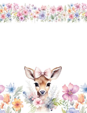 Çiçekli şirin bir hayvan, beyaz arka planda çiçek takmış bir geyik portresi, kart.