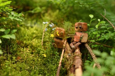 Ahşap el yapımı robot oyuncağı, çevre dostu oyuncak, orman geçmişi