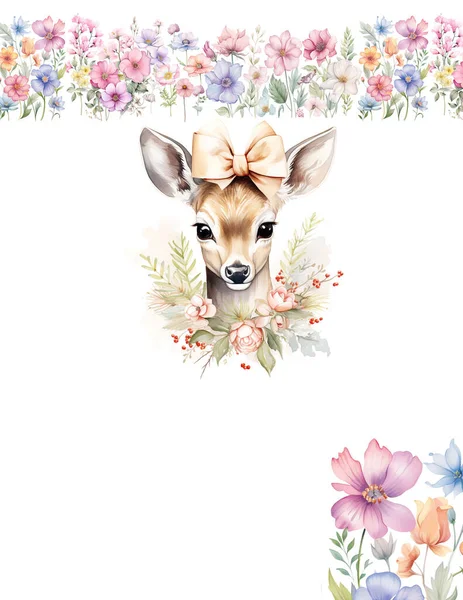 Cute animal with flowers, Portrait of a deer in flowers on a white background, card