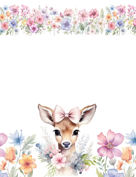 Cute animal with flowers, Portrait of a deer in flowers on a white background, card