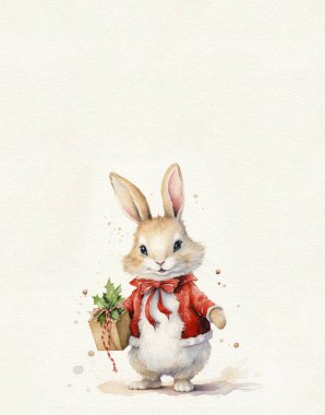 Kış tatilinde suluboya tavşan çizimi, Noel tavşanı