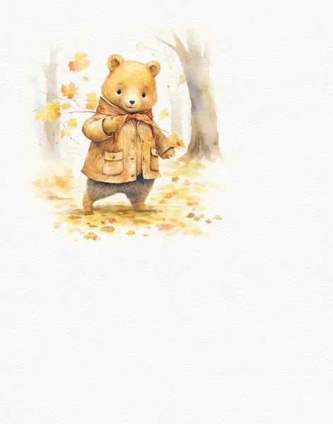 Watercolor drawing of a teddy bear in autumn clothes, autumn holiday card