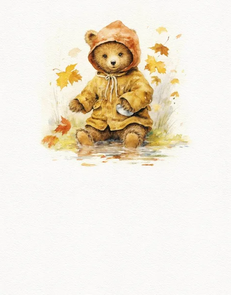 Акварельный Рисунок Плюшевого Медведя Осенней Одежде Открытка Осень — стоковое фото