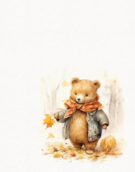 Акварельний Малюнок Плюшевого Ведмедя Осінньому Одязі Осінні Канікули — стокове фото