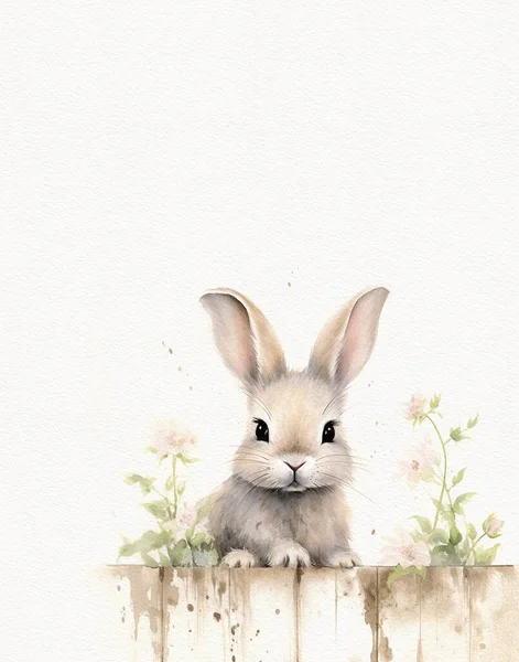 Watercolor drawing of a white rabbit in flowers, baby shower bunny