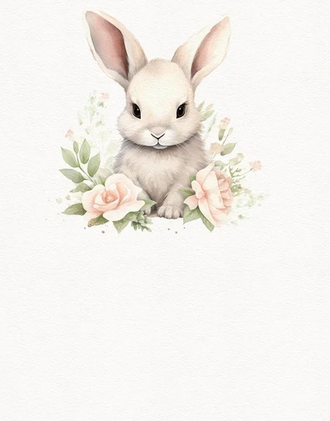 Watercolor drawing of a white rabbit in flowers, baby shower bunny