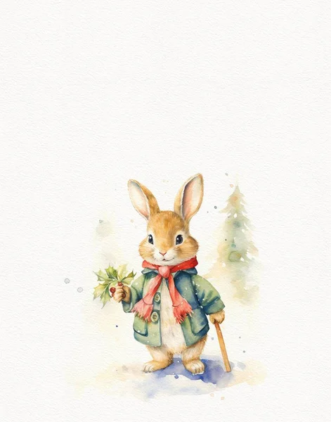 Akvarell Rajz Egy Nyuszi Téli Ünnepek Karácsonyi Nyuszi — Stock Fotó