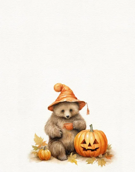 Akvarel Kresba Medvídka Podzimním Oblečení Podzimní Přání — Stock fotografie