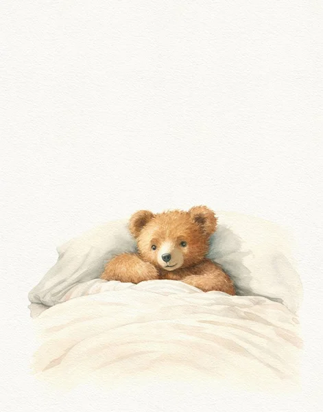 Watercolor drawing of a bear cub sleeping in a crib, bedtime