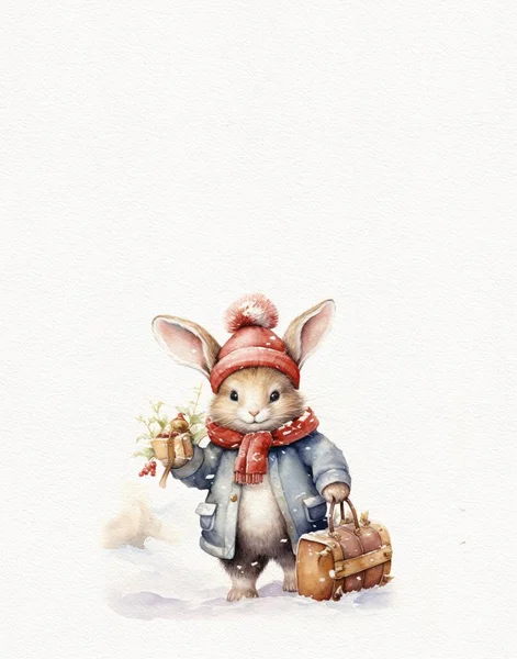 Акварельний Малюнок Кролика Зимові Канікули Різдвяний Кролик — стокове фото