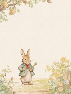 Children's birthday invitation, vintage style greeting card with bunny, cute bunny clipart