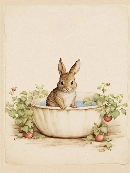 Children's birthday invitation, vintage style greeting card with bunny, cute bunny