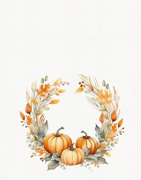 Watercolor drawing of an autumn wreath, a wreath of pumpkin foliage and autumn flowers, white background