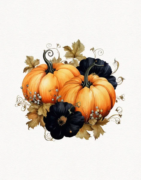 秋季构图水彩画 南瓜和秋花 白色背景 — 图库照片
