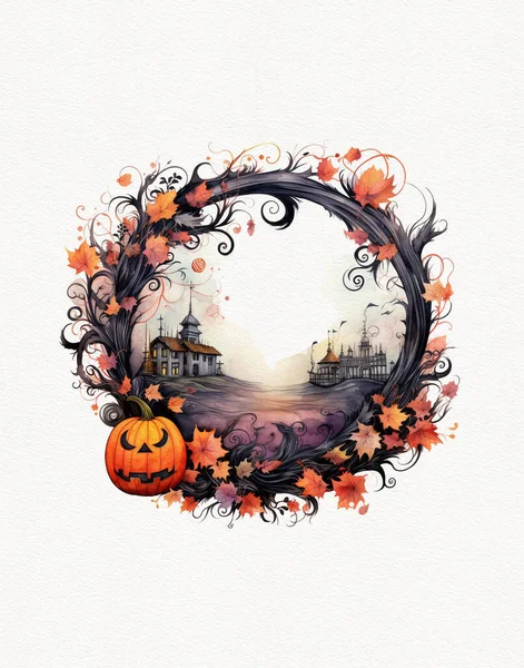Rysunek Akwareli Jesiennej Kompozycji Karta Halloween Białe Tło — Zdjęcie stockowe