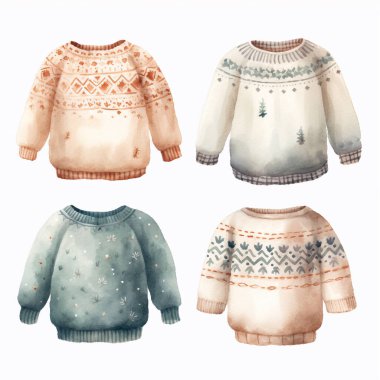 Beyaz arka planda eski moda kış süveterleri suluboya