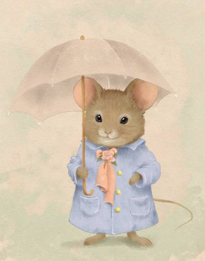 Şemsiyenin altında mavi ceketli şirin küçük bir fare çiziyor.