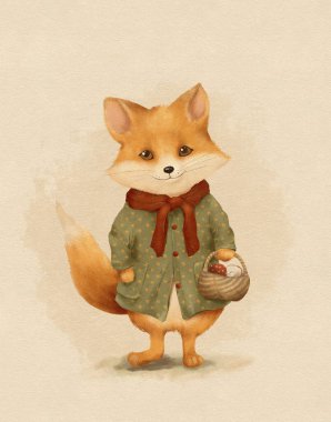 Drawing of a cute red fox cub in vintage autumn clothes, a holiday card with an animal clipart