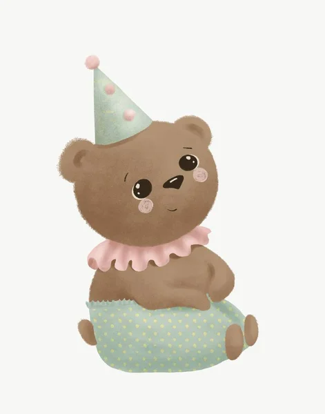 Drawing Cute Teddy Bear Cap Birthday Card Children — Stock Photo, Image