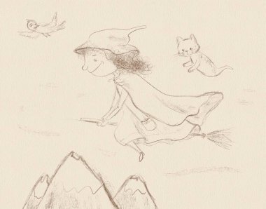 Sketch illustration of a cartoon witch on a broomstick with a ghost, Halloween illustration clipart