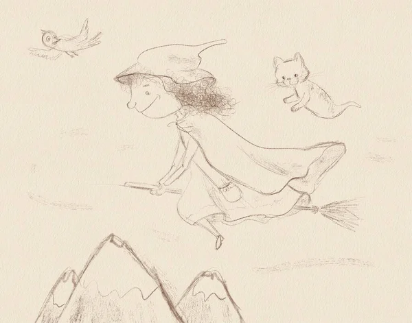 stock image Sketch illustration of a cartoon witch on a broomstick with a ghost, Halloween illustration