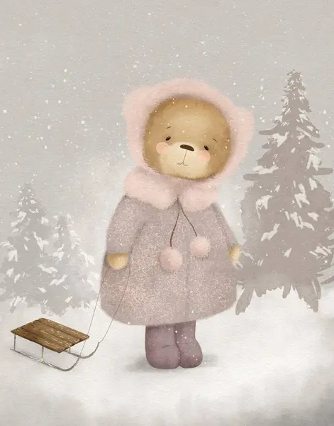 Gambar Warna Air Beruang Salju Kartu Natal Dengan Beruang Kartun — Stok Foto