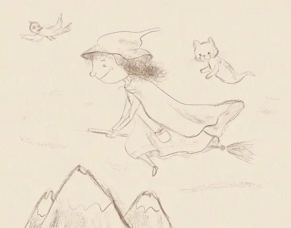 Skizzenillustration Einer Cartoon Hexe Auf Einem Besen Mit Einem Gespenst Stockbild