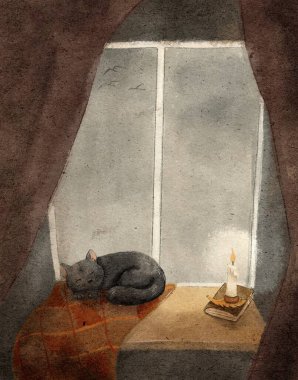 Pencerede uyuyan evcil bir kedinin çizimi